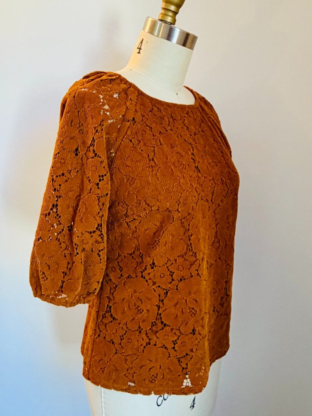 Dolan Left Coast Collection, Brown Floral Corduroy Elbow Sleeve Top, - XS